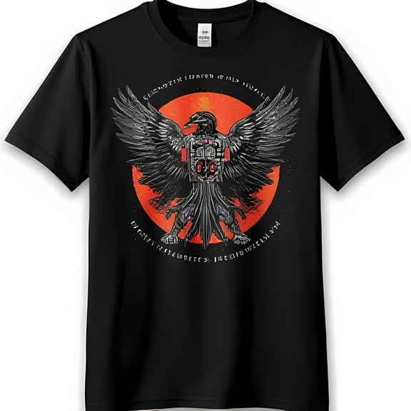 Men's Black T-Shirt with Winged Bird Graphic Design Unique Machine Inspired Art