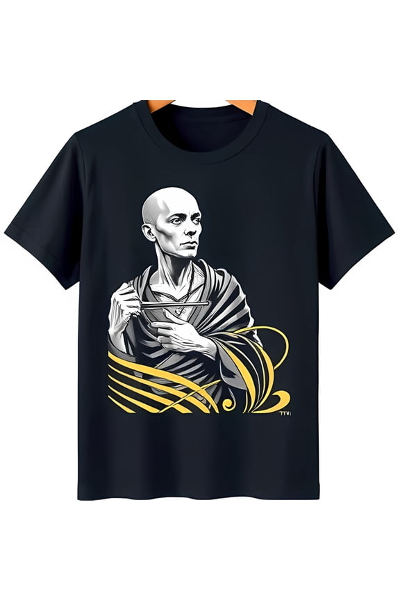 Men's Black T-Shirt with Wizard Graphic and Swirling Musical Design