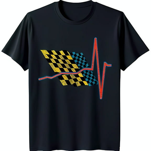 Men's Black T-Shirt with Yellow Checkered & Red Heartbeat Graphic