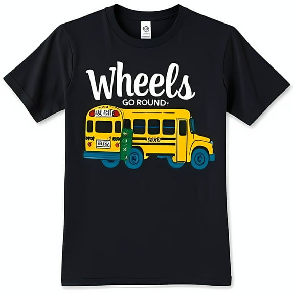 Men's Black T-Shirt with Yellow School Bus Graphic ' GO ROUND' Design