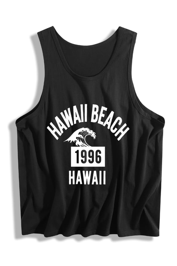 Men's Black Tank Top with Hawaii Beach 1996 Wave Design