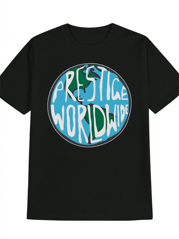 Men's Black Teal & White PRESTIGE WORLDWIDE Globe Travel Print T-Shirt - Soft Round Neck Short Sleeve Casual Top, Machine Washable Statement Tee Suitable for Casual Attire & Gifts, All-Season,
