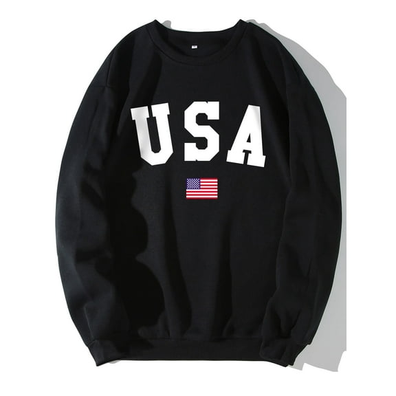 Men's Black Thermal Lined Sweatshirt with Printed American Flag and Letter - Warm and Stylish