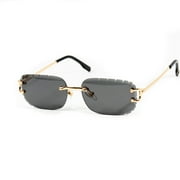 Mens Black Tint Rimless Hand Carved Diamond Cut Hip Hop Gold Frame Sunglasses