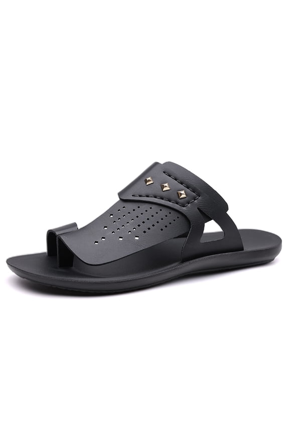 Men's Black Toe-Loop Slide Sandals, Breathable Studded Casual Summer Slippers