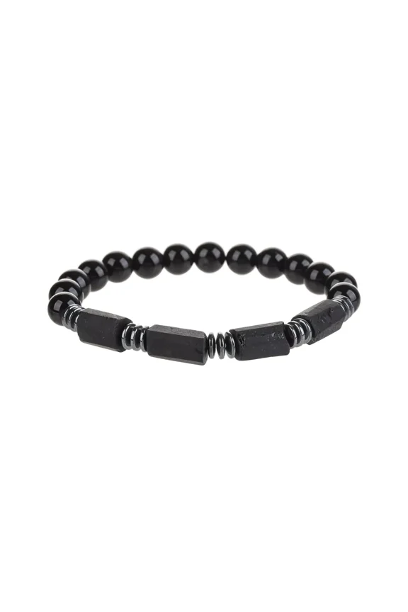 Men's Black Tourmaline & Black Agate Beaded Bracelet Natural Stone Protection Bracelet with Gunmetal Charms Stylish & Grounding Energy Bracelet