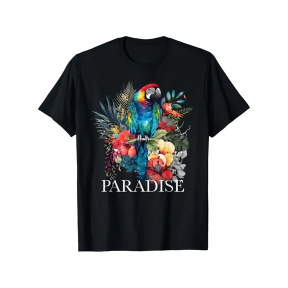 Men's Black Tropical Parrot & Floral Print T-Shirt - Vibrant Paradise Design, Regular Fit Short Sleeve