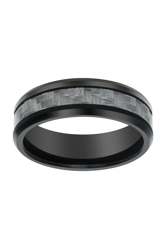 Men's Black Tungsten Beveled Edge w/ Grey Carbon Fiber Inlay Comfort Fit 8mm Wedding Band | Size 9