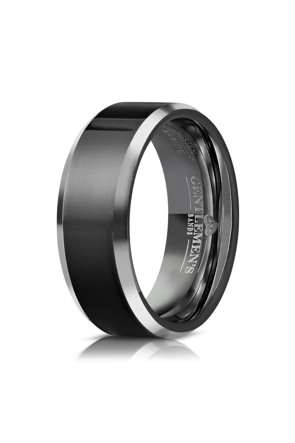 Men's Black Tungsten Carbide Wedding Band - Premium Grade Tungsten Black Wedding Band Beveled - Includes Silicon Band, Leather Drawstring Pouch, & Luxury Walnut Ring Box (Size 10.5)
