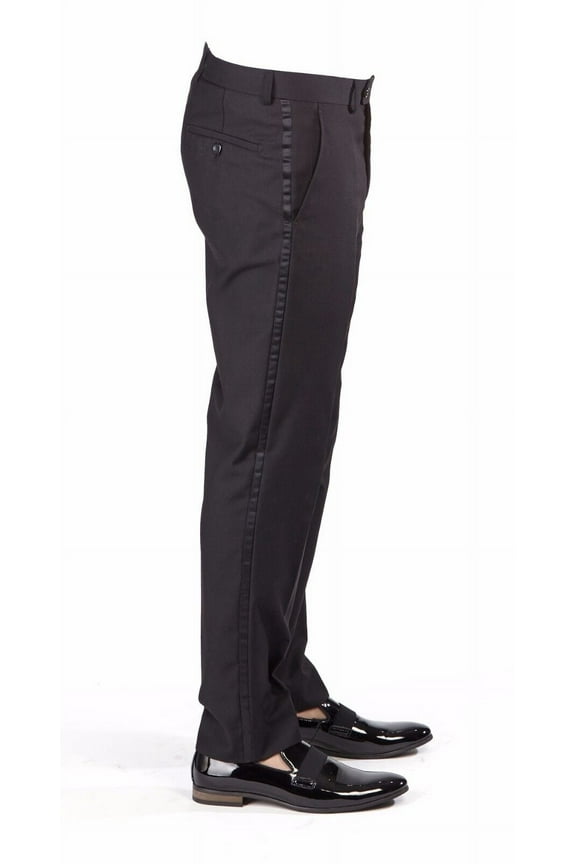 Men's Black Tuxedo Pants Slim Fit Satin Line Formal Dress Slacks Flat Front