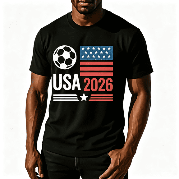 Men's Black "USA 2026 Soccer" American Flag Graphic T-Shirt, Crew Neck Casual Top