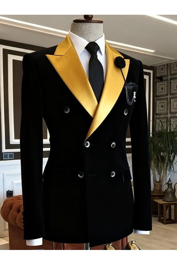 Men's Black Velvet Double-Breasted Tuxedo Blazer, Slim Fit Gold Satin Peak Lapel Formal Suit Jacket for Wedding Gala Evening Events
