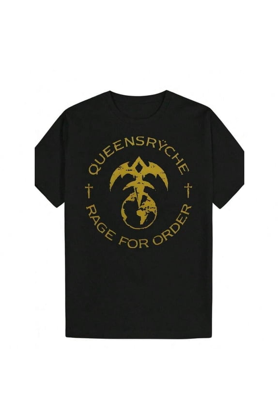 Men's Black Viking Logo T-Shirt With Queensrÿche Print - Thin Round Neck Short Sleeve Casual & Gym Wear, Golden Greek Letter Design For /Metal Fans, Machine Washable Summer Tee, Silly Shirts, Artisti