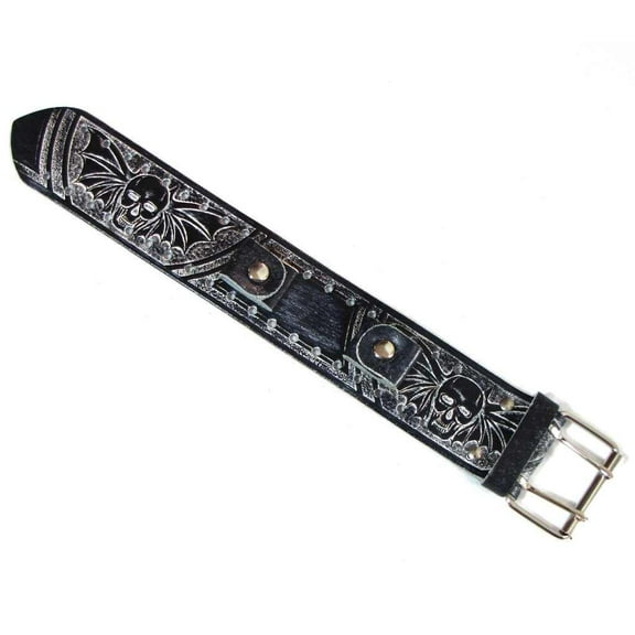 Men's Black Washed Embossed Skull Wings Wide Leather Replacement Watch Band