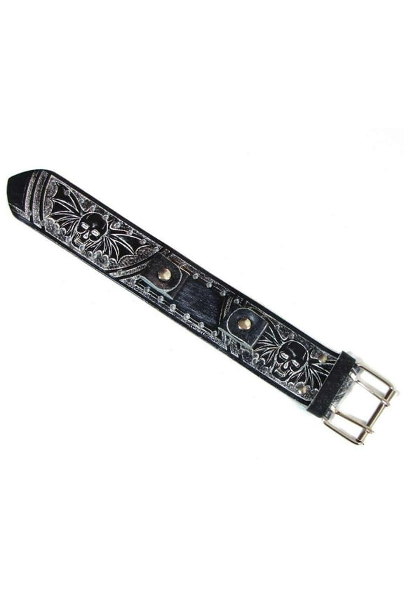 Men's Black Washed Embossed Skull Wings Wide Leather Replacement Watch Band