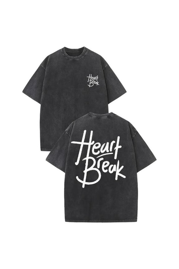 Men's Black Washed Graphic Tee with Heart Break Print, S-5XL Plus Size T-Shirt, Casual Retro Style Top for Trendsetters