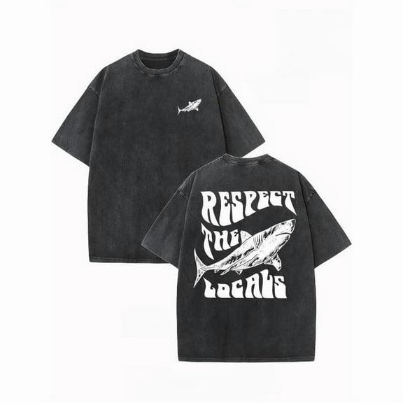 Men's Black Washed Graphic Tee with Shark & "Respect the Locals" Print, S-5XL Plus Size T-Shirt, Casual Retro Style Top for Ocean Enthusiasts
