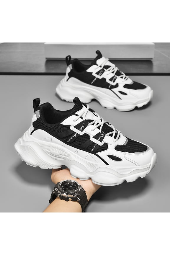 Men's Black & White Chunky Streetwear Sneakers, Breathable Mesh Casual Shoes with Geometric Detailing