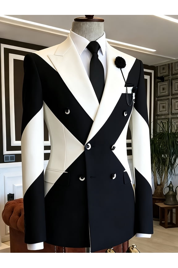 Men's Black & White Geometric Color-Block Double-Breasted Blazer, Slim Fit Formal Suit Jacket for Weddings, Parties & Statement Events