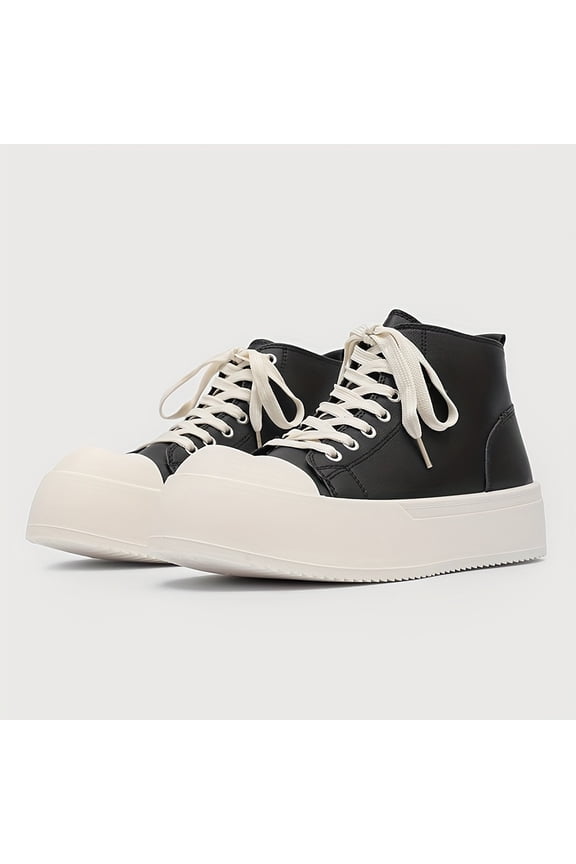 Men's Black White High-Top Platform Sneakers, Lace-Up Casual Fashion Shoes, Non-Slip Streetwear Shoes for Daily Wear