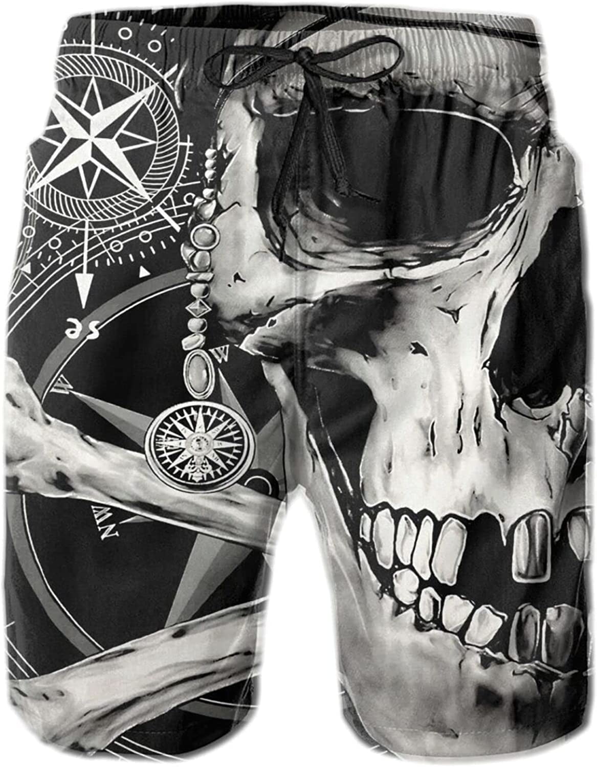 Men s Black White Pirate Skull Compass Heavy Metal Swim Trunks