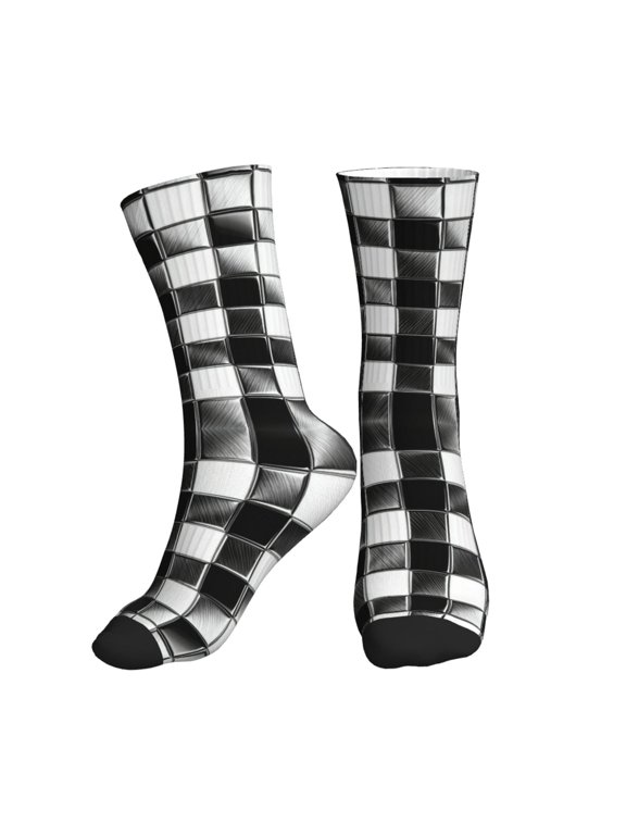 Men's Black White Plaid Novelty Athletic Socks Women's Digital Printing Funky Patterned Crew Socks