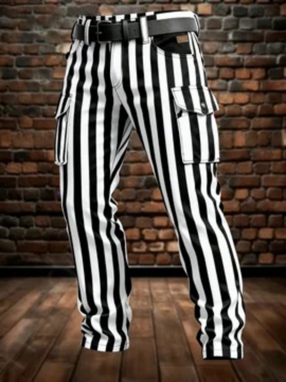 Men's Black & White Striped Cargo Pants, Retro Streetwear Style, Bold & Eye-Catching Vibe, Trendy Wear, Ideal for Street & Party Occasions