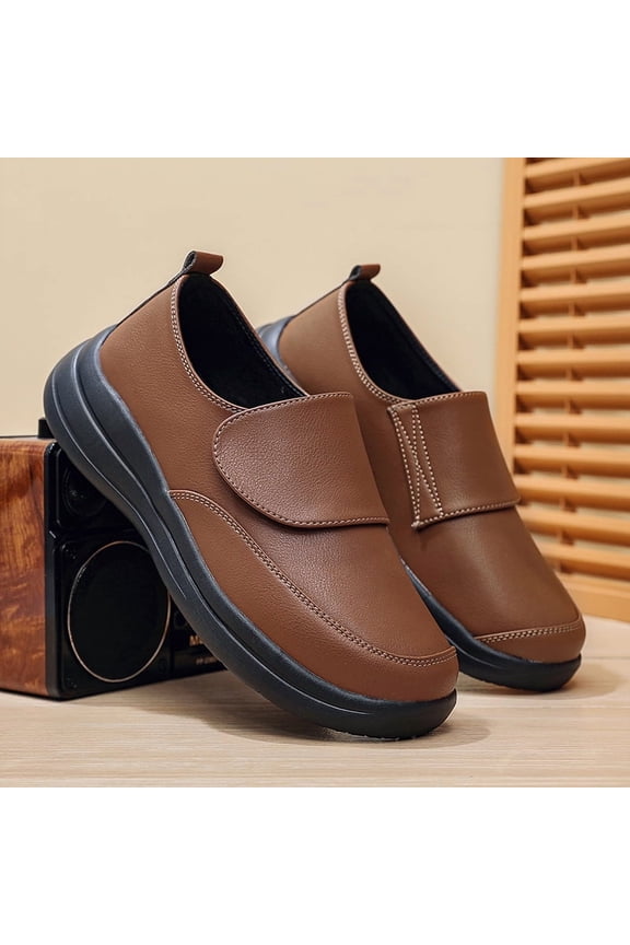 Men's Black Wide Toe Genuine Leather Velcro Slip On Casual Walking Shoes, Non-Slip Cushioned Light Business Daily Driving Footwear, Big Size Elderly Comfort Loafers