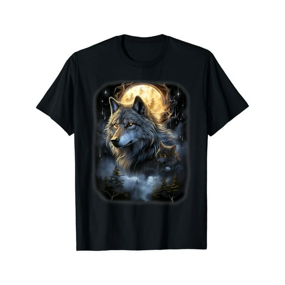 Men's Black Wolf & Moon Fantasy Art T-Shirt - Mystical Forest Night Scene with Pine Trees & Stars, Short Sleeve Round Neck Casual Summer Tee, Machine Washable, Wolf T Shirt, Comfortable Fit