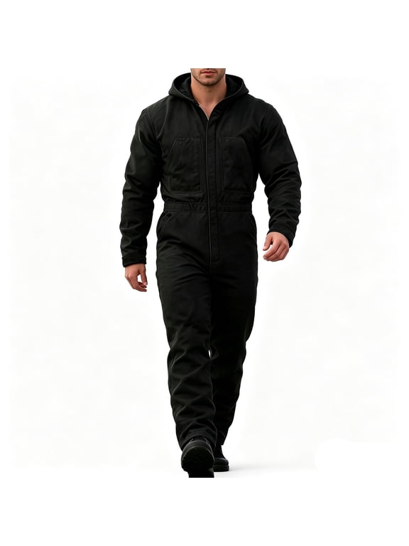 Men's Black Work Jumpsuit with Hood Long Sleeve Full Coverall for Cold Weather Outdoor Activities