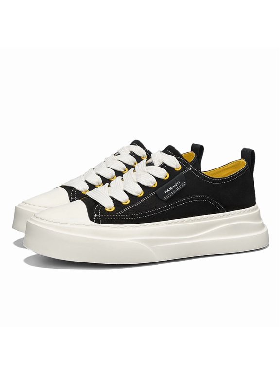 Men's Black & Yellow Accent Canvas Platform Sneakers, Casual Retro Lace-Up Shoes