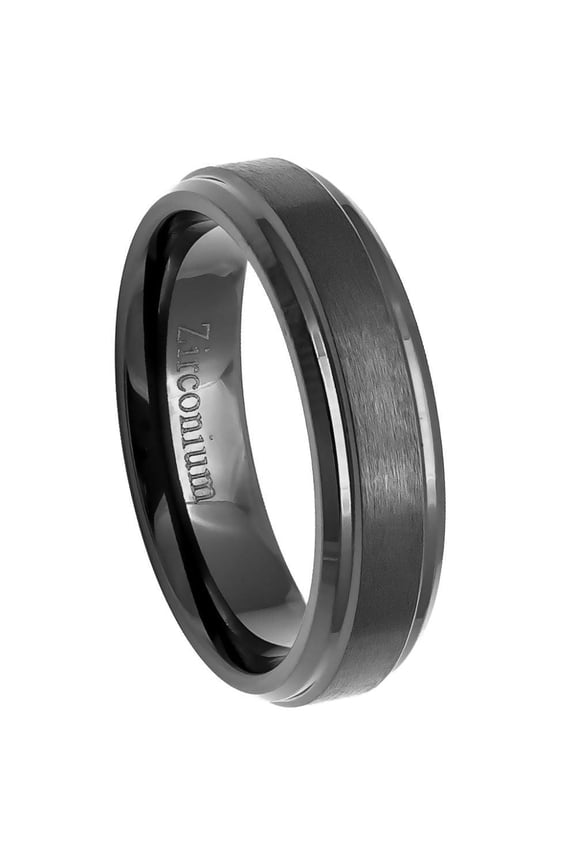 Men's Black Zirconium Ring Brushed Center with Stepped Edges l 6mm