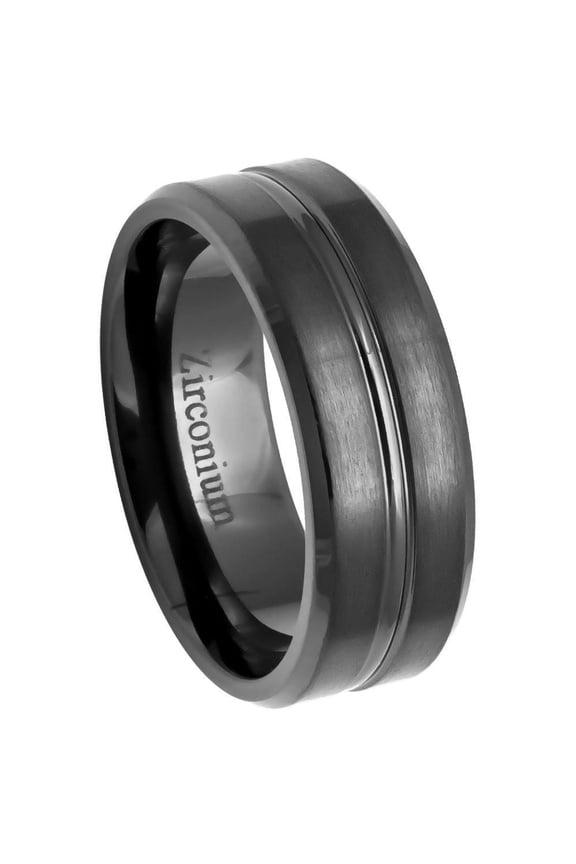 Men's Black Zirconium Ring Brushed with Grooved Center Beveled Edge l 8mm