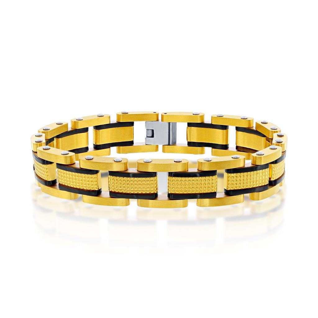 Men’s Black and Blue/Black and Gold/Black and Rose Gold Plated 8.5’’ Link Solid Bracelet Stainless Steel Jewelry for Men