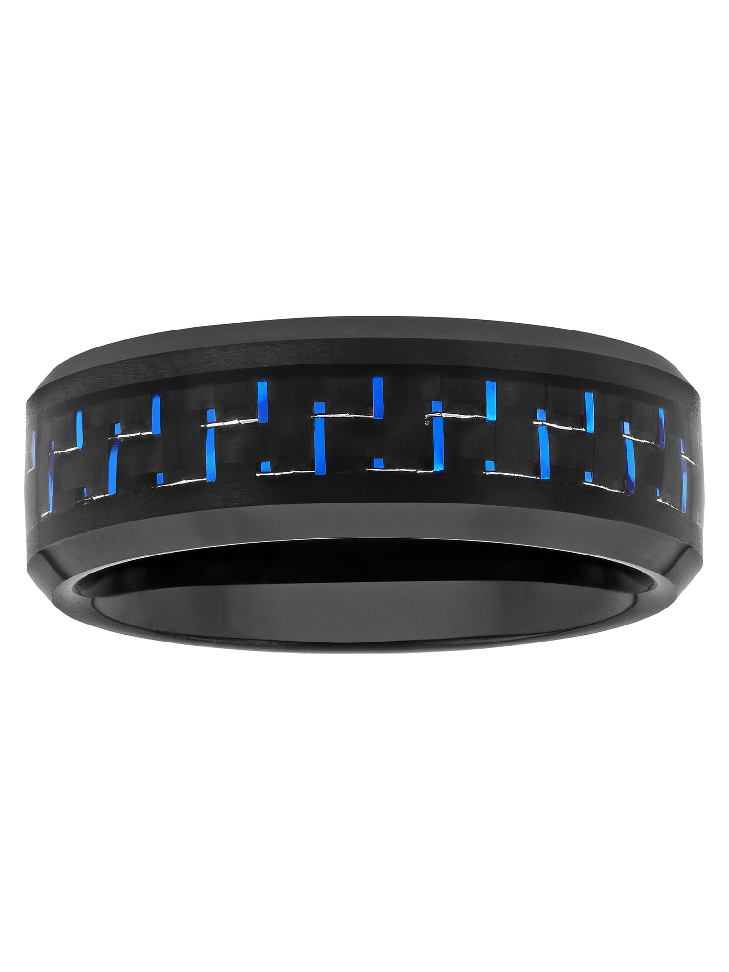 Men's Black and Blue Carbon Fiber Inlaid Ring in Black Tungsten - Wedding Band