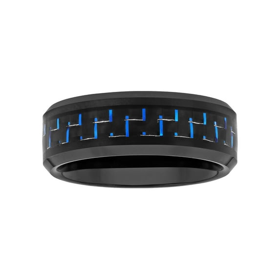 Men's Black and Blue Carbon Fiber Inlaid Ring in Black Tungsten - Wedding Band