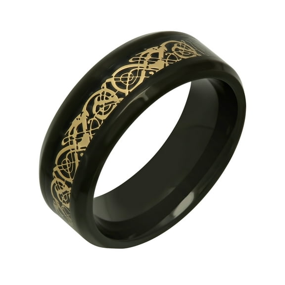 Men's Black and Gold Tone Stainless Steel 8MM Filigree Wedding Band - Mens Ring
