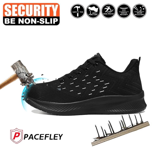 Men's Black and Red Steel Toe Safety Shoes - Slip Resistant,Puncture Proof ,Anti-Crush,Airflow,Durable for Construction, Kitchen, Hospital Work