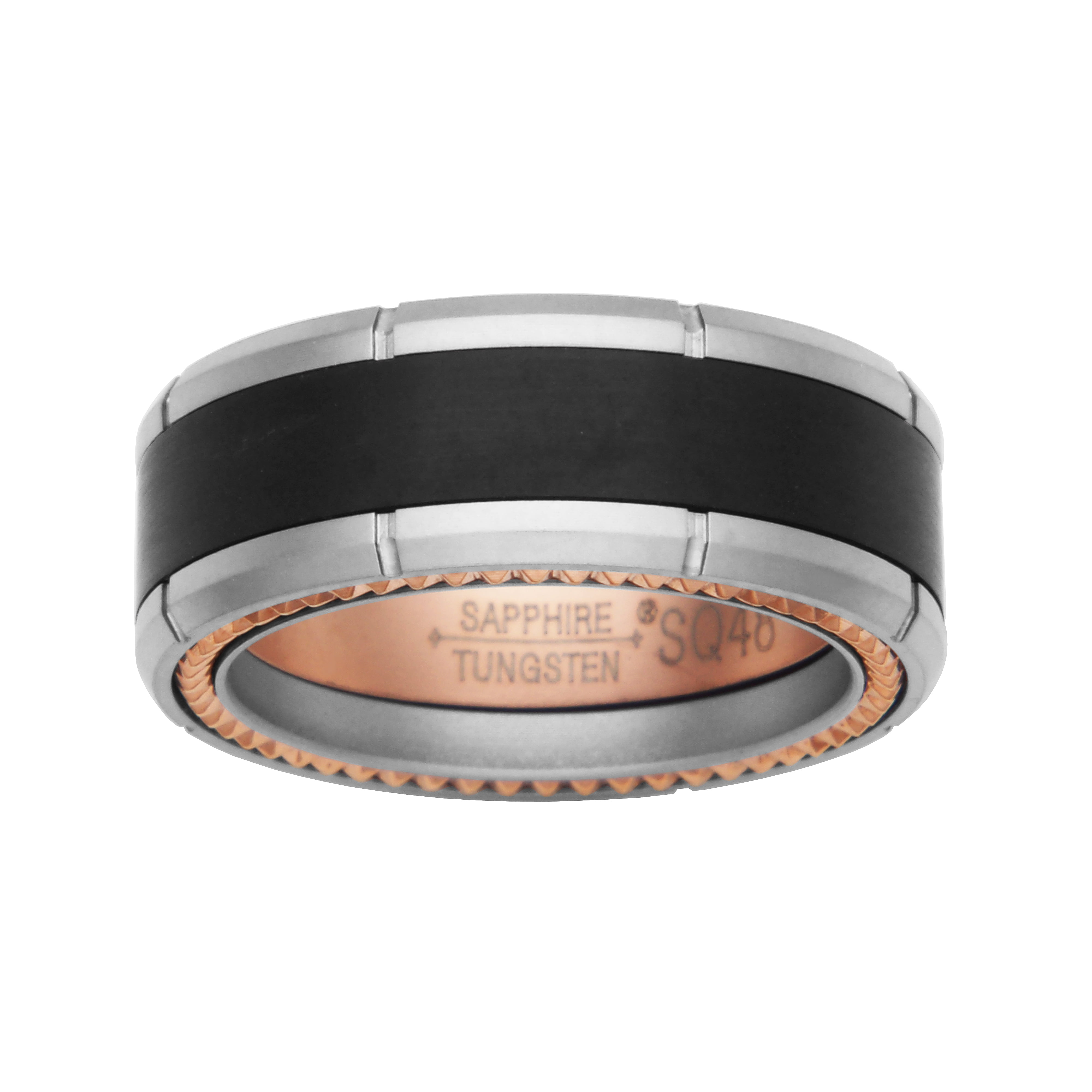 Men's Black and Sandblast Finish Sapphire Tungsten 8mm, IP Rose Gold and Steel Strips Interior and Edge Comfort Fit Wedding Band, Size 9