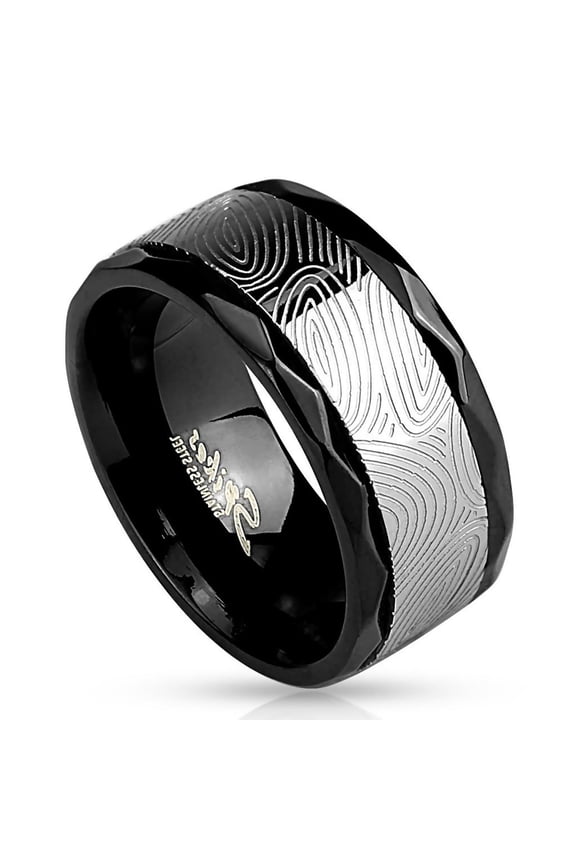 Men's Black and Silver Damascus Stainless Steel Spinner Ring