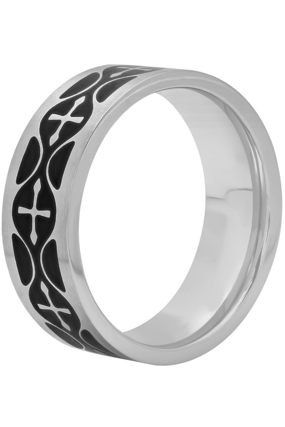 Men's Black and White Cross Ring in Stainless Steel