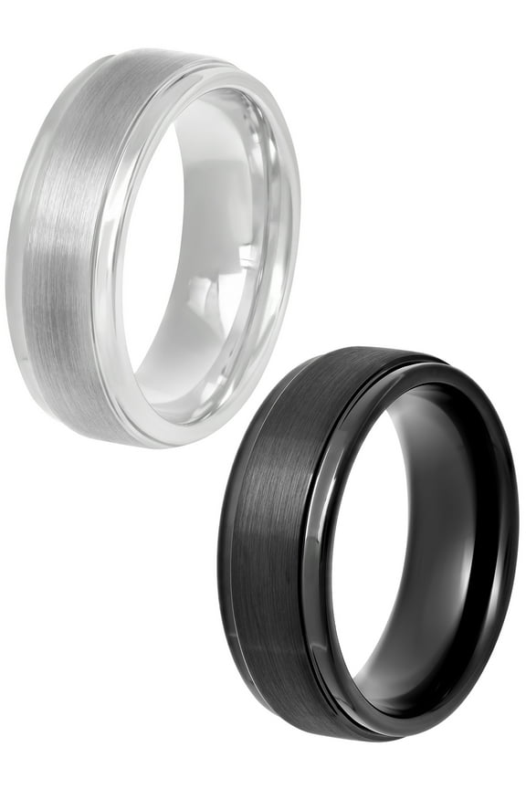 Men's Black and White Tungsten 8mm Step-Edge Comfort Fit Wedding Bands, 2-pc Ring Gift Set