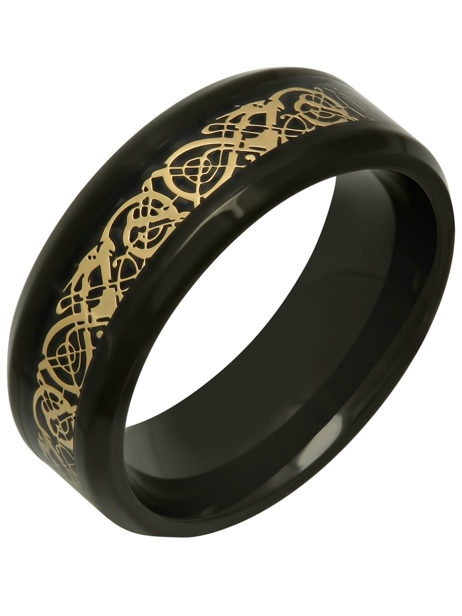 Men's Black and Yellow IP Stainless Steel Filigree 8MM Wedding Ring Band
