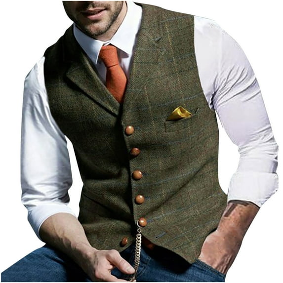 Men's Blazer Double Breasted Herringbone Tweed Waistcoat Vintage Lapel Business Wedding Suit Vest for Tuxedo Suit