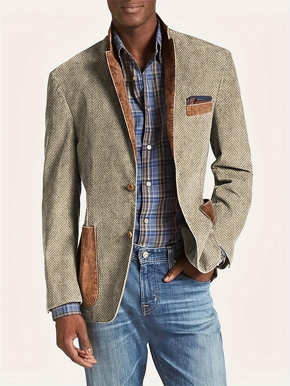 Men's Blazer Lapel Casual Suit Jacket Elbow Patches Tweed Outerwear Peak Lapel Western Style Business Casual Spring Autumn Coat