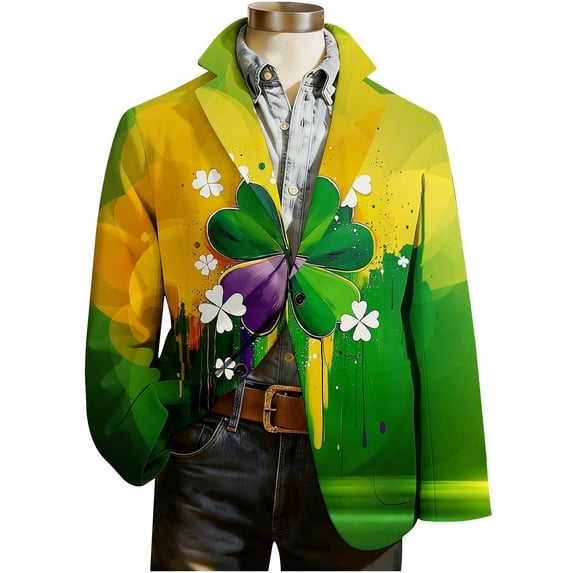 Men's Blazer Long Sleeve St Patricks Day Printed Button Lapel Collar Casual Lightweight Festival Jackets (L, Gold)