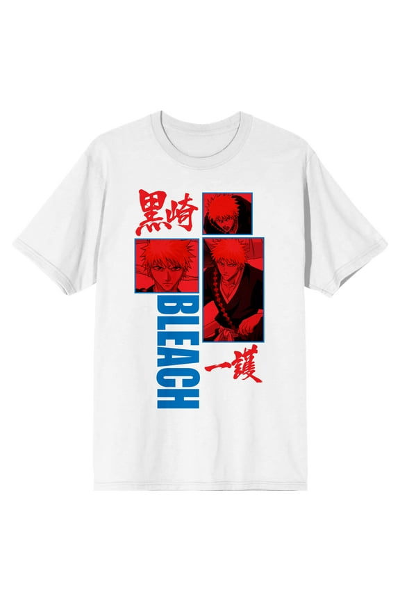 Men's Bleach Anime Cartoon Red & Blue Panel White Graphic Tee Shirt- XL