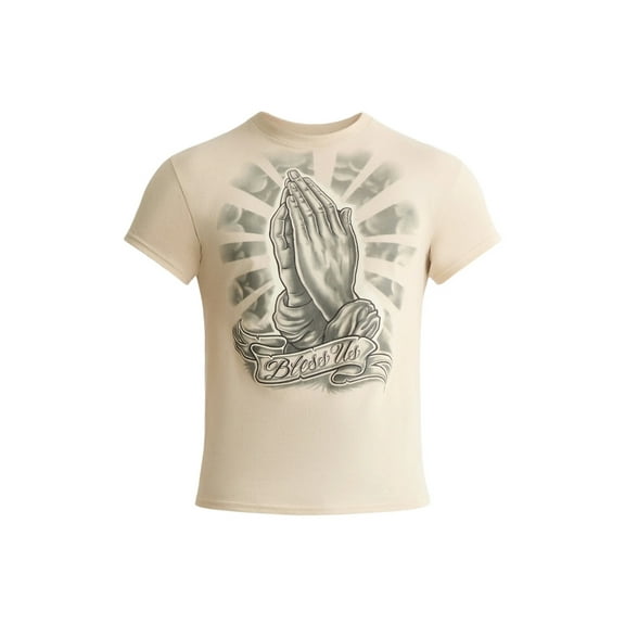 Men's Bless Us Praying Hands Sand Graphic T-Shirt - Large