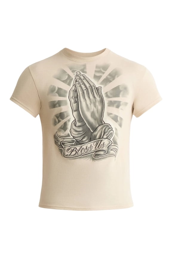 Men's Bless Us Praying Hands Sand Graphic T-Shirt - Small