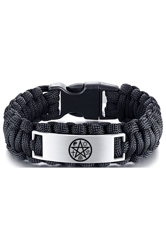 Men's Blessing Jewelry - Handmade Pentacle Pentagram Protection Symbols Braided Paracord Bracelet Christ Cross OM Yin Yang Star of David Triquetra Infinity Knot Amulet Cuff Bangle for Man, Black, 9''
